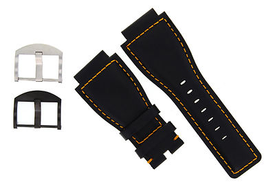 24MM GENUINE WATCH STRAP SMOOTH BAND FOR BELL ROSS BR-01-BR-03 BLACK ORANGE STIT, with black buckle