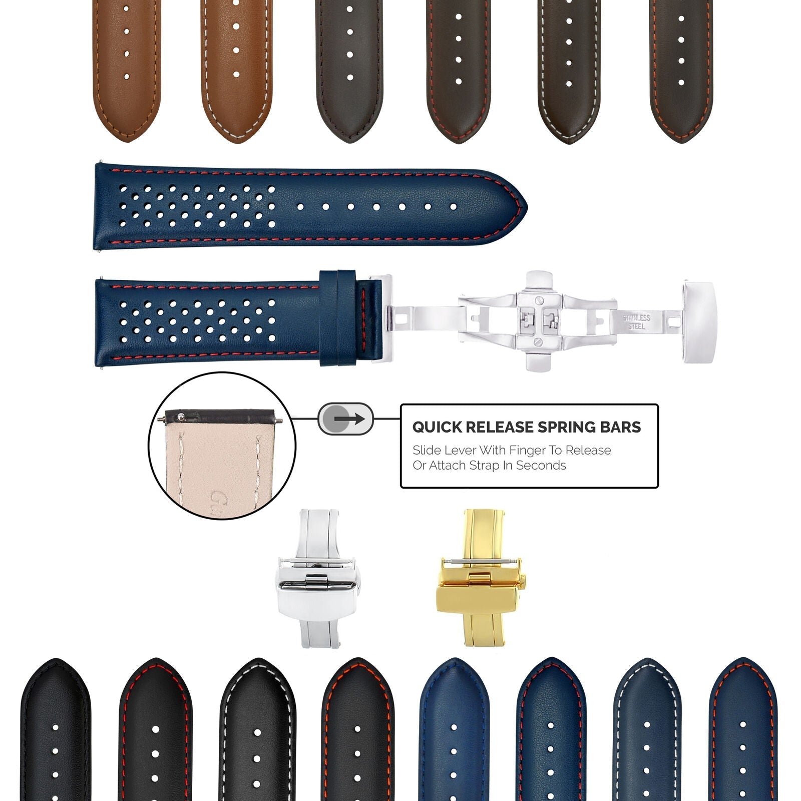 18-19-20-21-22-23-24MM PERFORATED LEATHER WATCH BAND WITH QUICK RELEASE SPRING