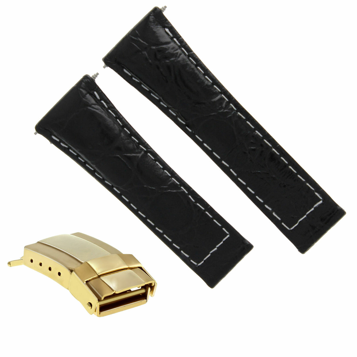 LEATHER WATCH BAND STRAP FOR ROLEX DAYTONA 116520 SHORT BLACK,TAN,GREEN GOLD, Black with White Stitching