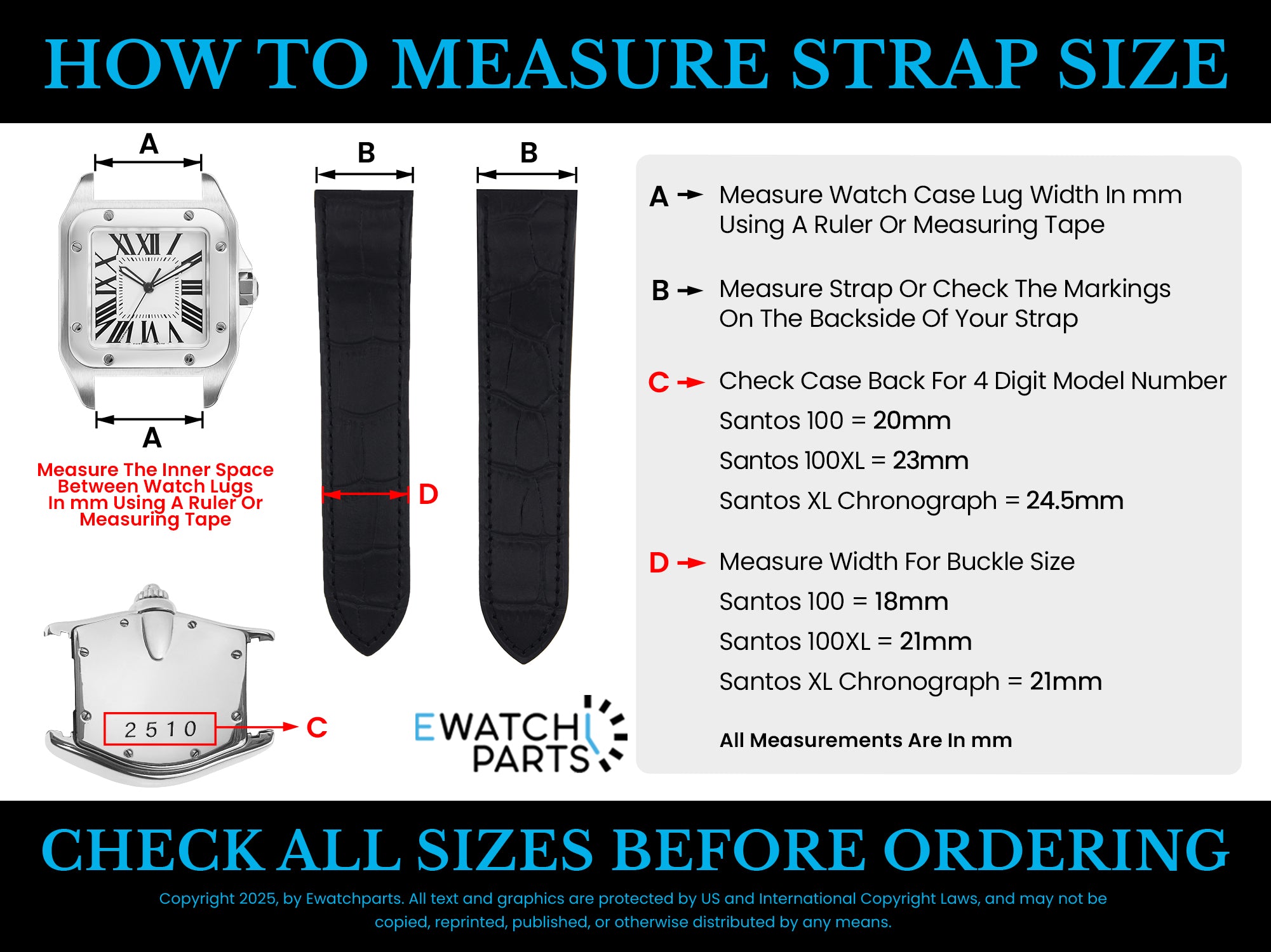 SCREW + 20MM LEATHER BAND STRAP ALLIGATOR FOR 32MM CARTIER SANTOS BLACK MIDSIZE