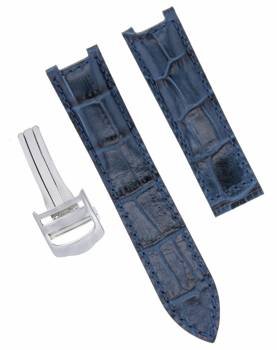 LEATHER WATCH STRAP BAND FOR 35MM CARTIER PASHA WATCH 20MM DEPLOYMENT CLASP BLUE