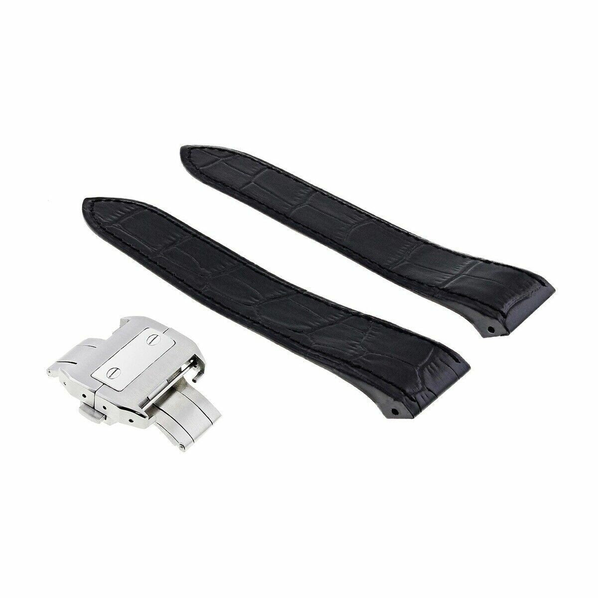 23MM BLACK LEATHER STRAP BAND FOR 38MM CARTIER SANTOS 100XL +DEPLOYMENT CLASP TQ