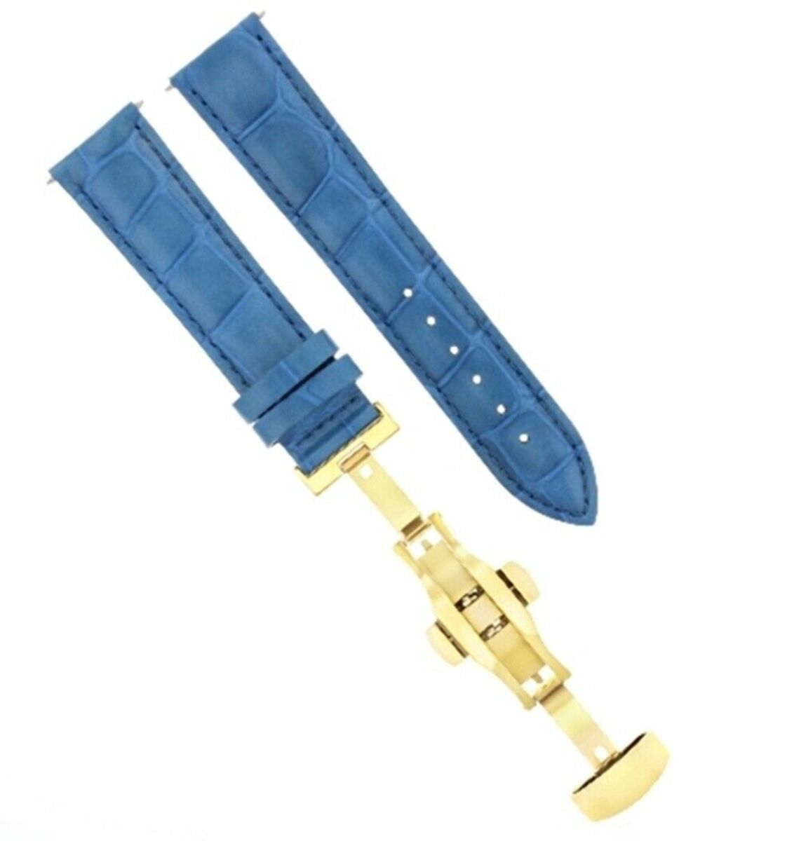 18MM LEATHER STRAP WATCH BAND FOR MONTBLANC DEPLOYMENT BUCKLE LIGHT BLUE GOLD