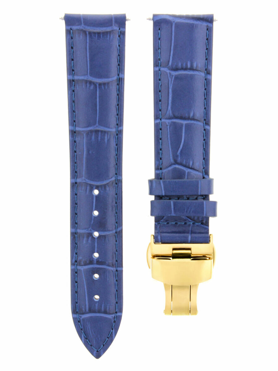 18MM LEATHER WATCH BAND STRAP FOR LONGINES WATCH + DEPLOYMENT CLASP BLUE GOLD