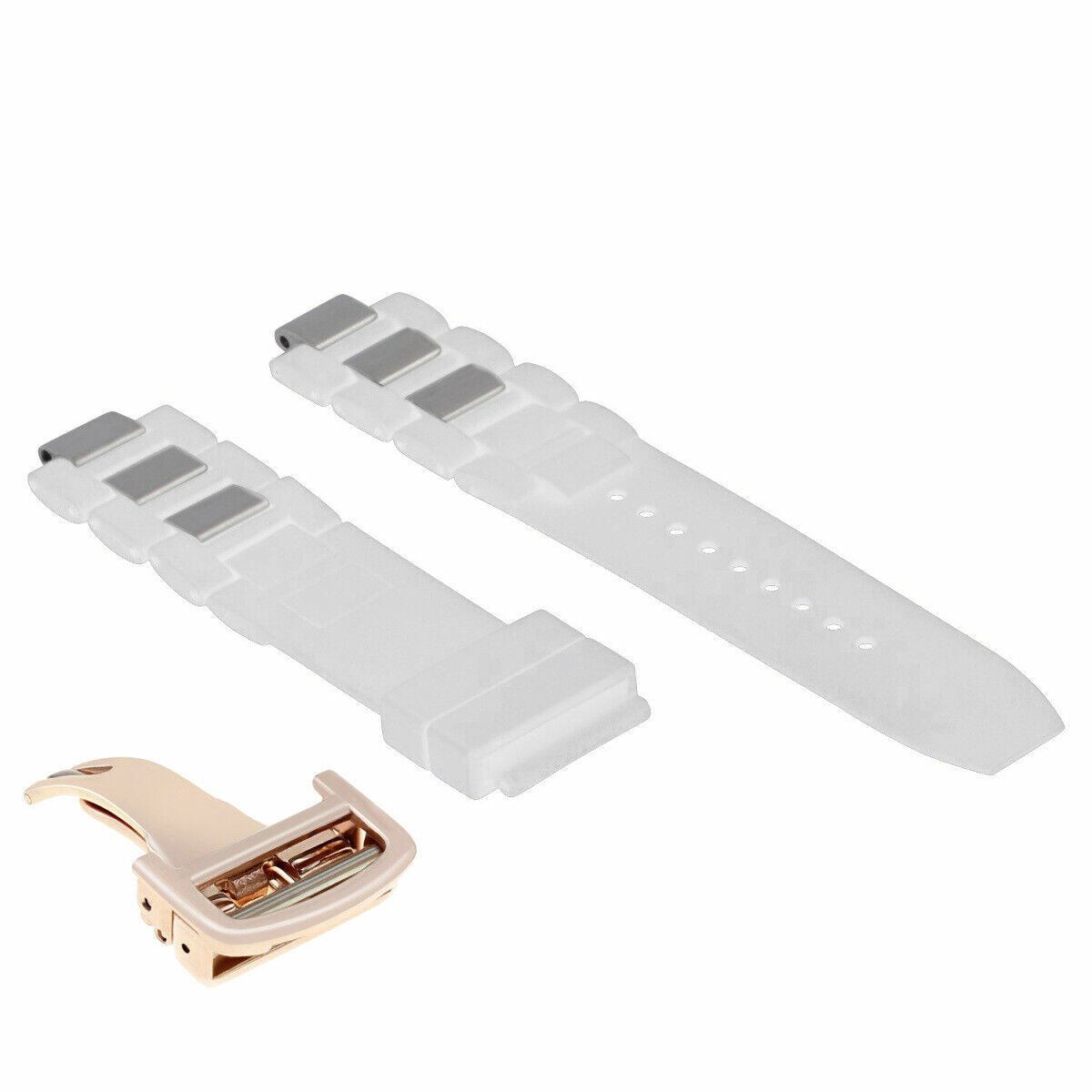 RUBBER + STEEL BAND FIT CARTIER 21 AUTOSCAPH CHRONOSCAPH WATCH WHITE ROSE CLASP