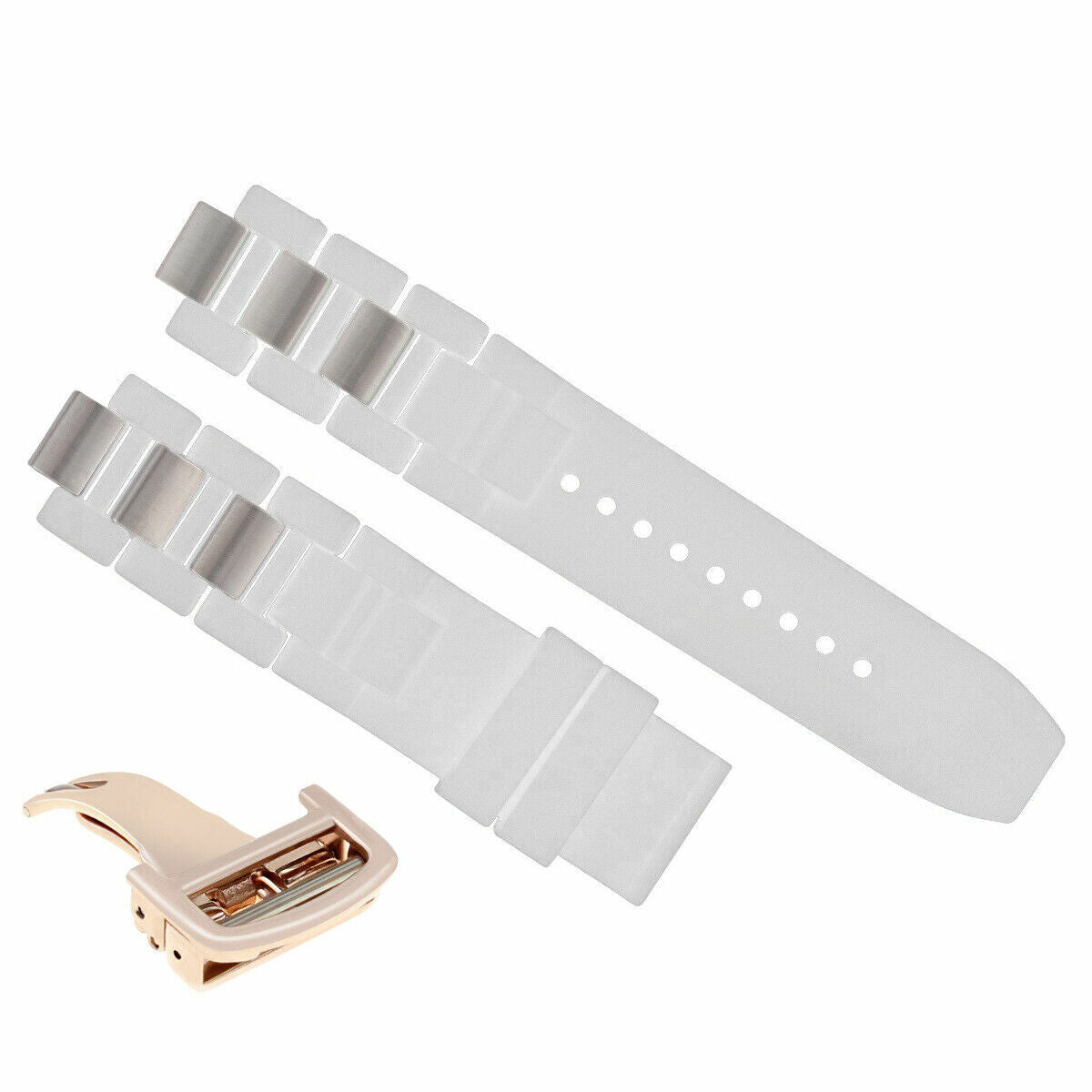 RUBBER + STEEL BAND FIT CARTIER 21 AUTOSCAPH CHRONOSCAPH WATCH WHITE ROSE CLASP