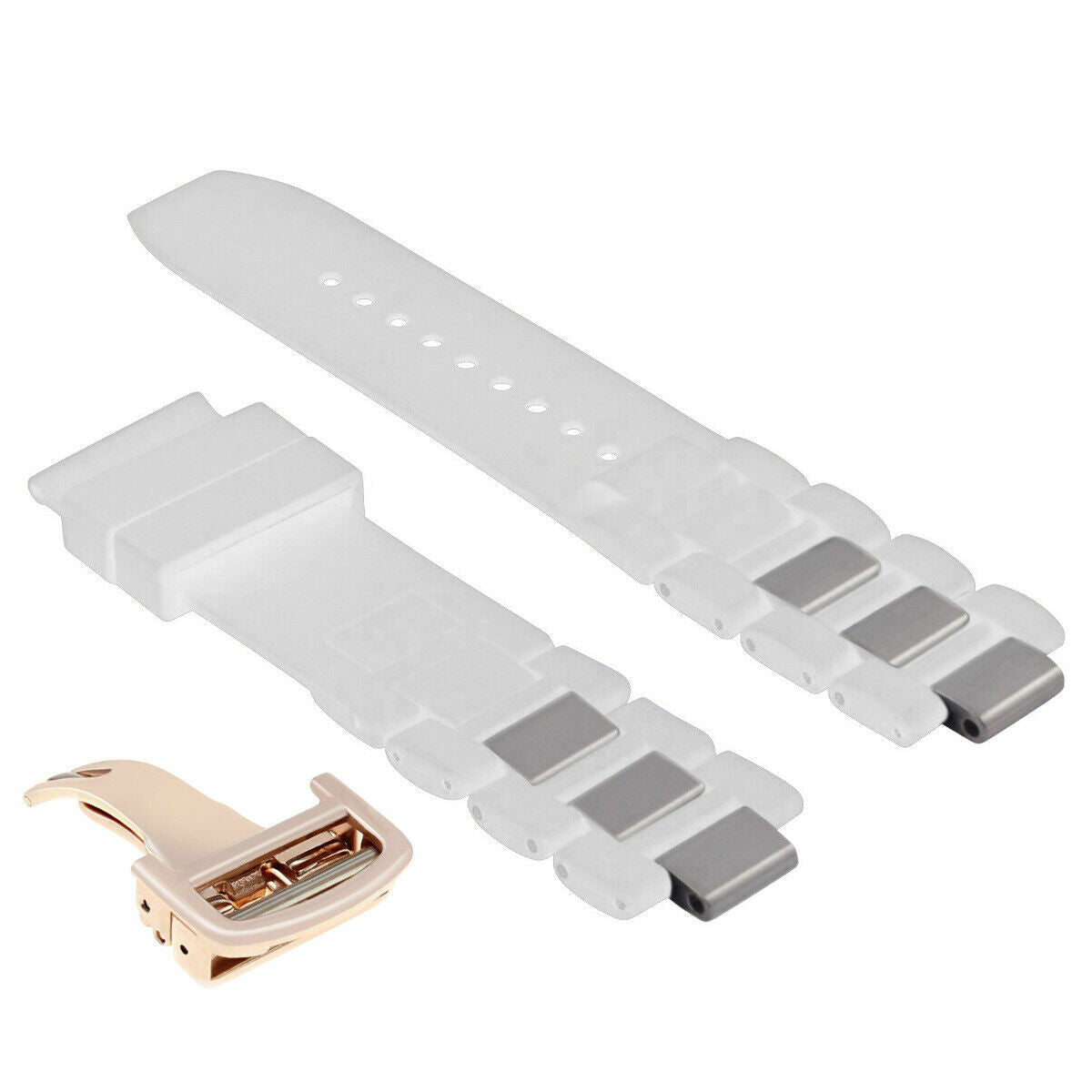 RUBBER + STEEL BAND FIT CARTIER 21 AUTOSCAPH CHRONOSCAPH WATCH WHITE ROSE CLASP