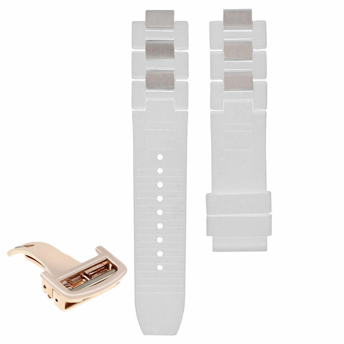 RUBBER + STEEL BAND FIT CARTIER 21 AUTOSCAPH CHRONOSCAPH WATCH WHITE ROSE CLASP