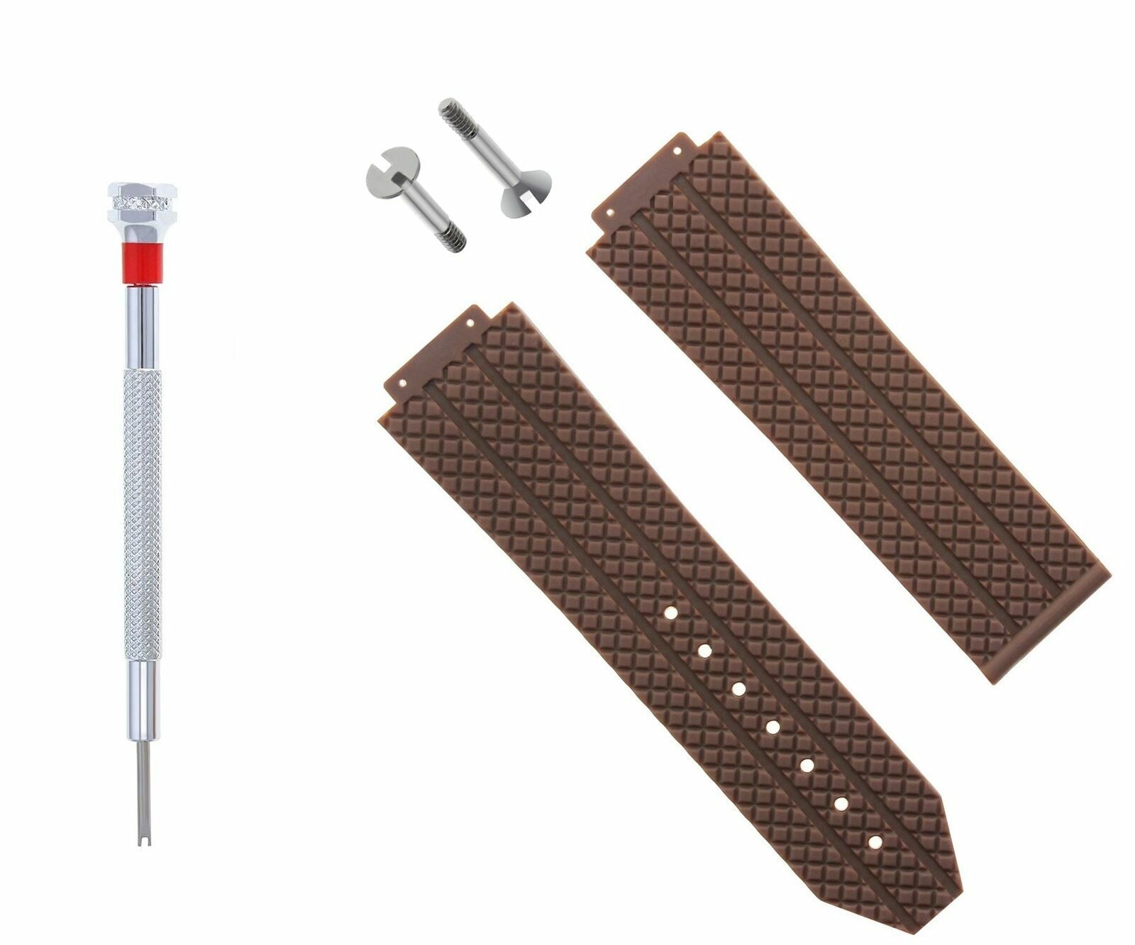 24MM RUBBER WATCH BAND STRAP FOR HUBLOT 44-45MM H BIG BANG WATCH + 4 SCREW BROWN