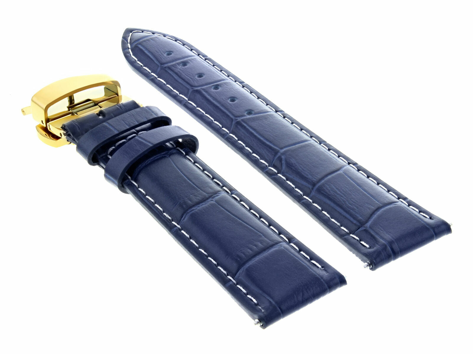 18MM LEATHER STRAP BAND FOR BAUME MERCIER DEPLOYMENT CLASP DARK BLUE WS GOLD
