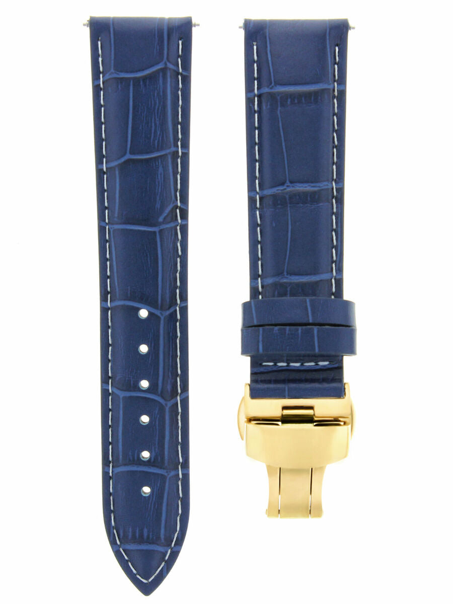 18MM LEATHER STRAP BAND FOR BAUME MERCIER DEPLOYMENT CLASP DARK BLUE WS GOLD
