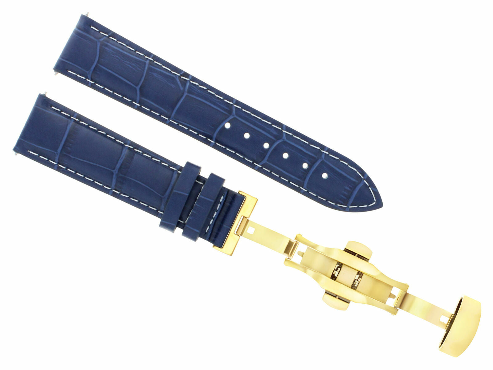 18MM LEATHER STRAP BAND FOR BAUME MERCIER DEPLOYMENT CLASP DARK BLUE WS GOLD