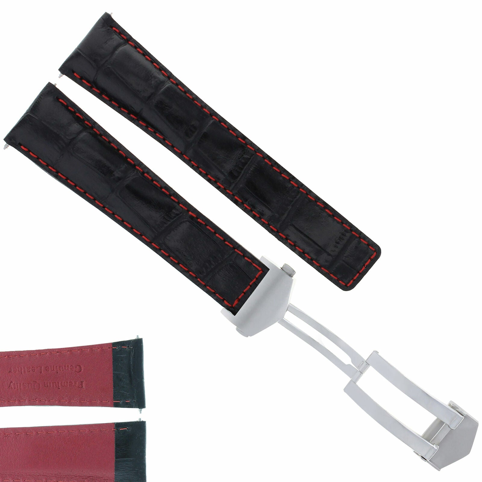 22MM LEATHER STRAP BAND FOR TAG HEUER CALIBRE 36 CLASP WATCH BLACK RED STITCH