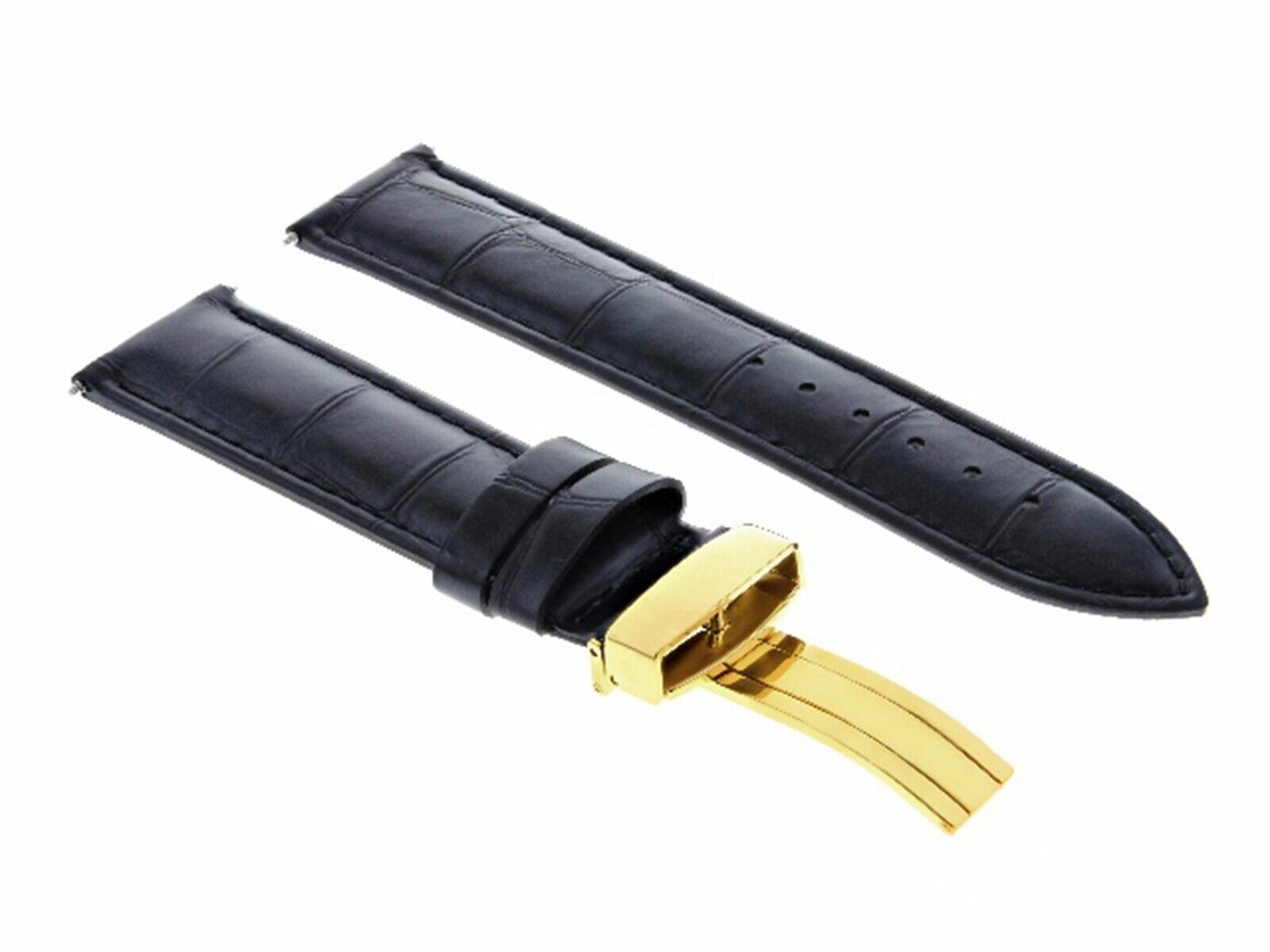 22MM LEATHER BAND WATCH STRAP DEPLOYMENT CLASP FOR OMEGA SEAMASTER BLACK GOLD