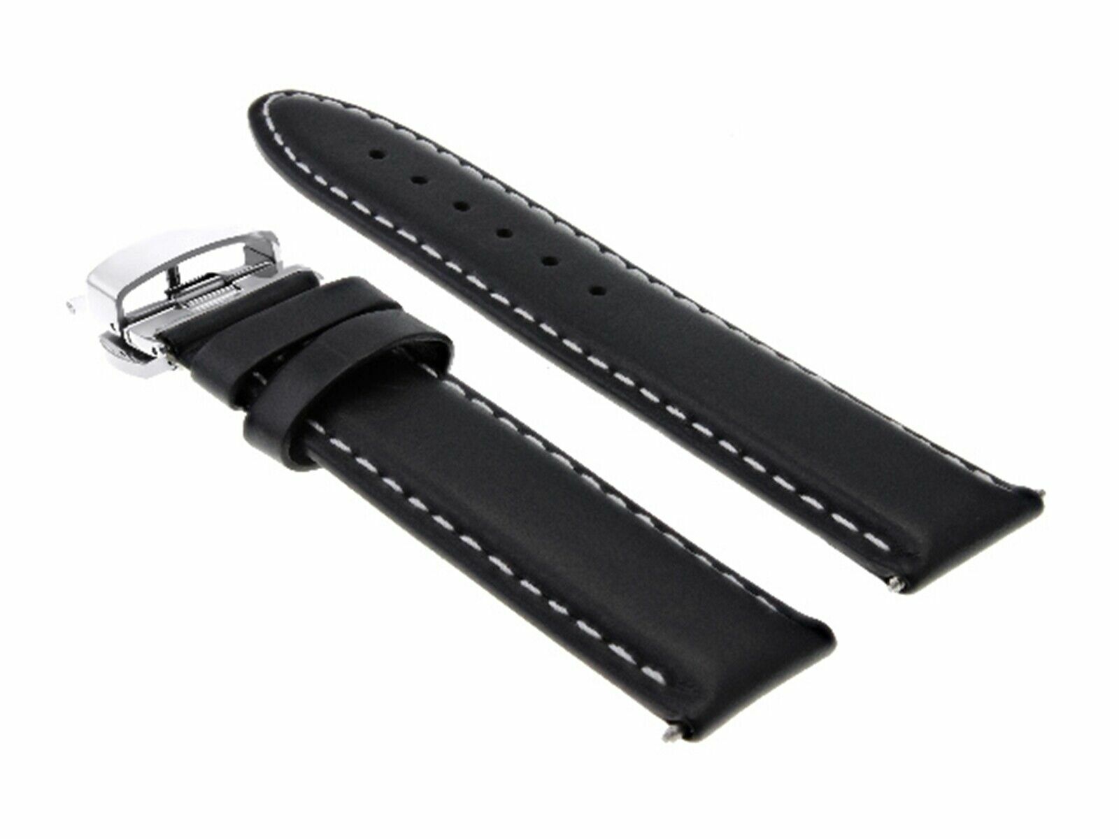 22MM LEATHER STRAP BAND SMOOTH FOR ZENO MAGELLANO DEPLOYMENT CLASP BLACK WS