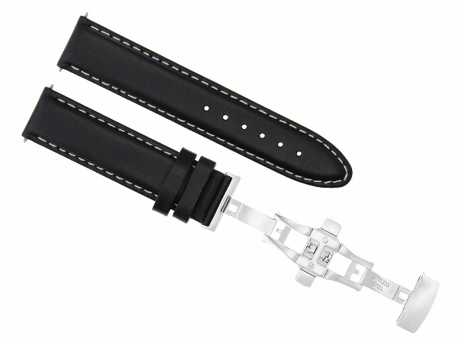 22MM LEATHER STRAP BAND SMOOTH FOR ZENO MAGELLANO DEPLOYMENT CLASP BLACK WS