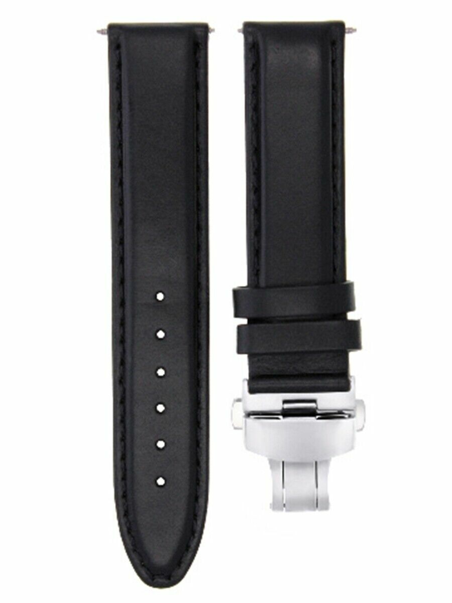 20MM LEATHER WATCH STRAP SMOOTH BAND FOR ZENO MAGELLANO WATCH DEPLOY CLASP BLACK