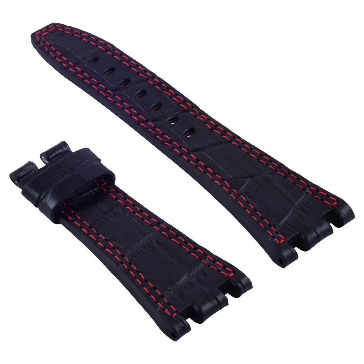 28MM LEATHER WATCH STRAP BAND FOR AP 42MM AUDEMARS PIGUET BLACK RED STITCHING