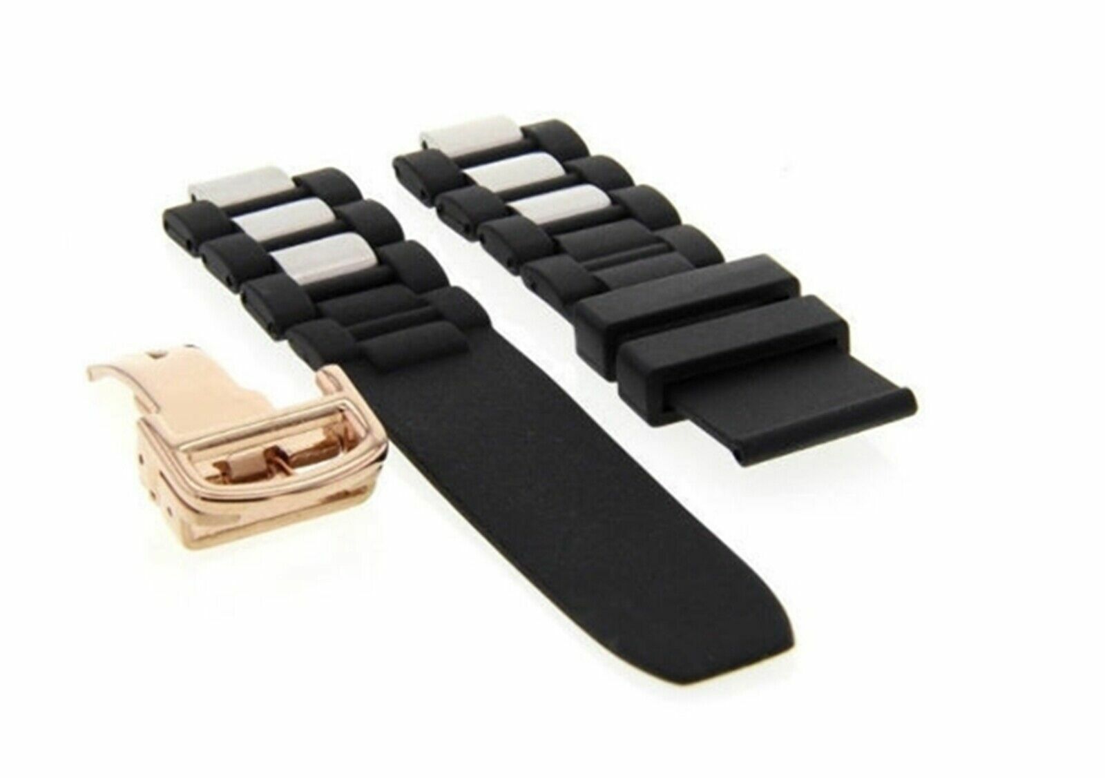 RUBBER + STEEL BAND FIT CARTIER 21 AUTOSCAPH CHRONOSCAPH WATCH BLACK ROSE CLASP