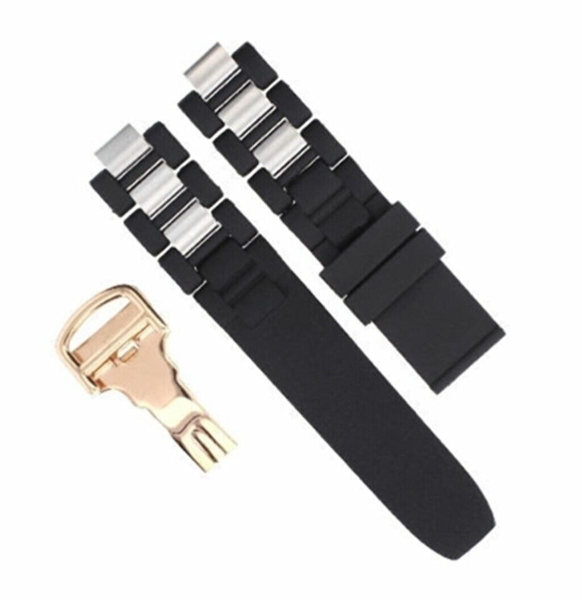 RUBBER + STEEL BAND FIT CARTIER 21 AUTOSCAPH CHRONOSCAPH WATCH BLACK ROSE CLASP