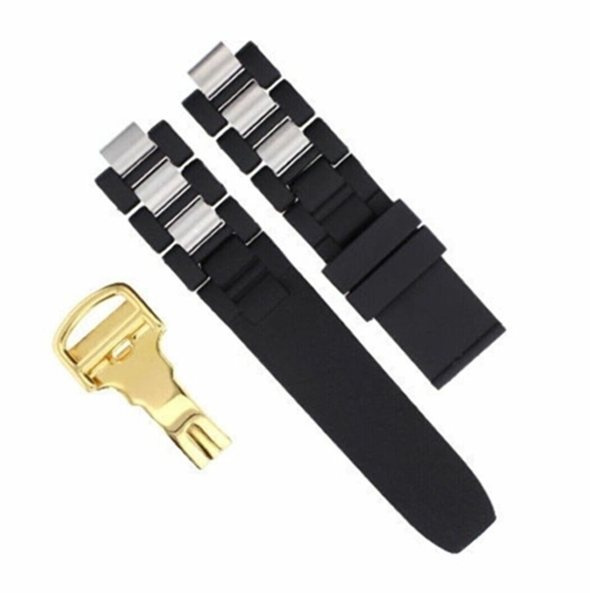 RUBBER + STEEL BAND FIT CARTIER 21 AUTOSCAPH CHRONOSCAPH WATCH BLACK GOLD CLASP