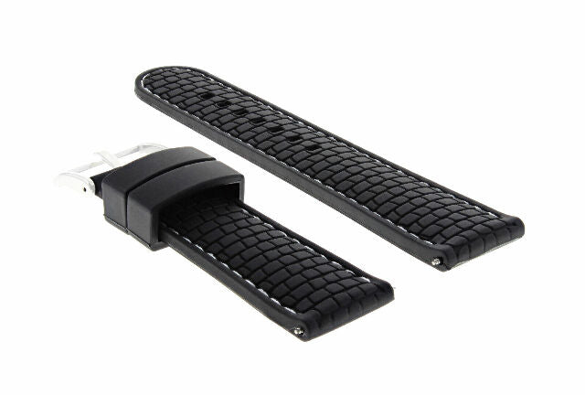 NEW 24MM RUBBER STRAP BAND FIT FOSSIL WATCH BLACK WHITE STITCHING