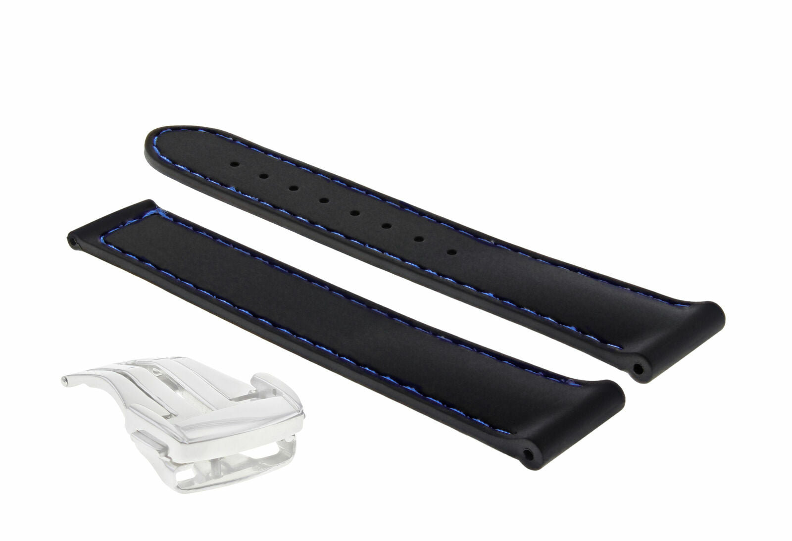 20MM RUBBER STRAP BAND BUCKLE DEPLOYMENT FOR OMEGA SEAMASTER BLACK BLUE STITCH