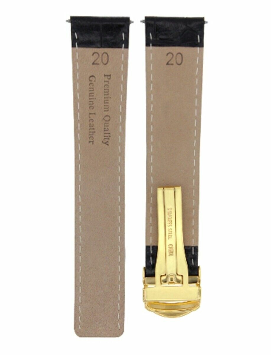 20MM LEATHER WATCH STRAP BAND CLASP FOR CARTIER TANK FRANCAISE WATCH BLACK GOLD