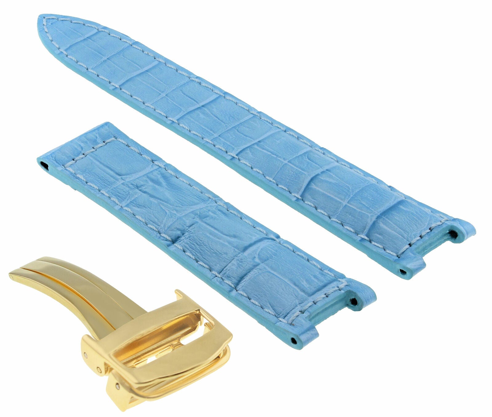 20MM LEATHER STRAP BAND FIT PASHA DE CARTIER WATCH DEPLOYMENT CLASP L/BLUE GOLD