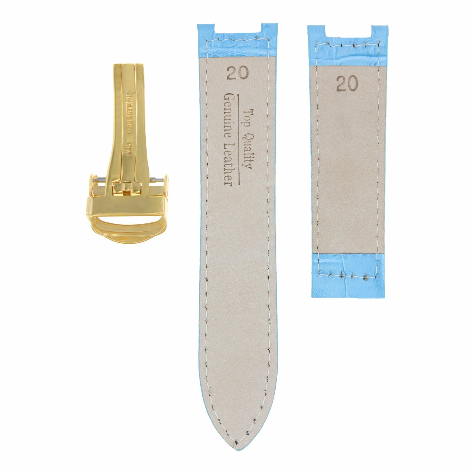 20MM LEATHER STRAP BAND FIT PASHA DE CARTIER WATCH DEPLOYMENT CLASP L/BLUE GOLD