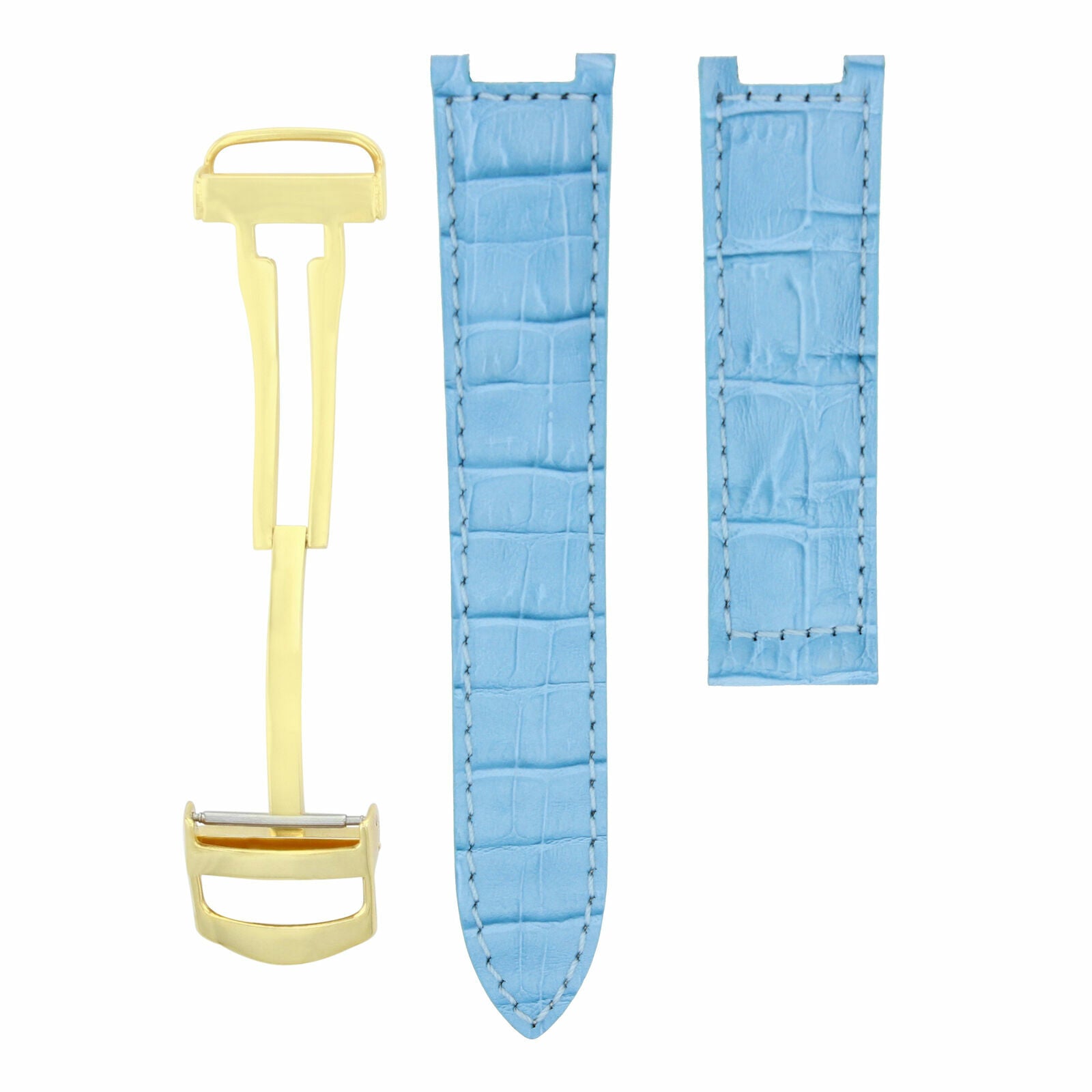 20MM LEATHER STRAP BAND FIT PASHA DE CARTIER WATCH DEPLOYMENT CLASP L/BLUE GOLD