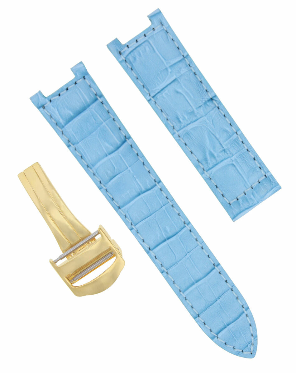 20MM LEATHER STRAP BAND FIT PASHA DE CARTIER WATCH DEPLOYMENT CLASP L/BLUE GOLD