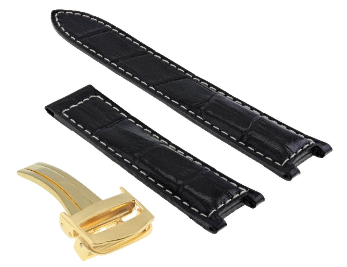 LEATHER WATCH BAND STRAP FOR CARTIER PASHA WATCH 20MM DEPLOY CLASP BLACK WS GOLD
