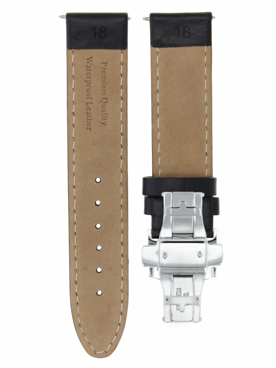 18MM LEATHER BAND SMOOTH STRAP DEPLOYMENT CLASP BRACELET FOR CERTINA WATCH BLACK