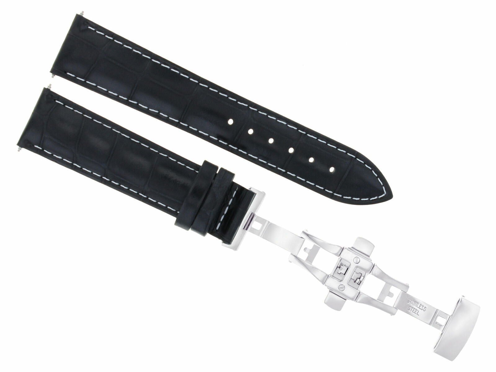 19MM LEATHER WATCH BAND STRAP DEPLOYMNET CLASP FOR SEIKO BLACK WHITE STITCH 3B