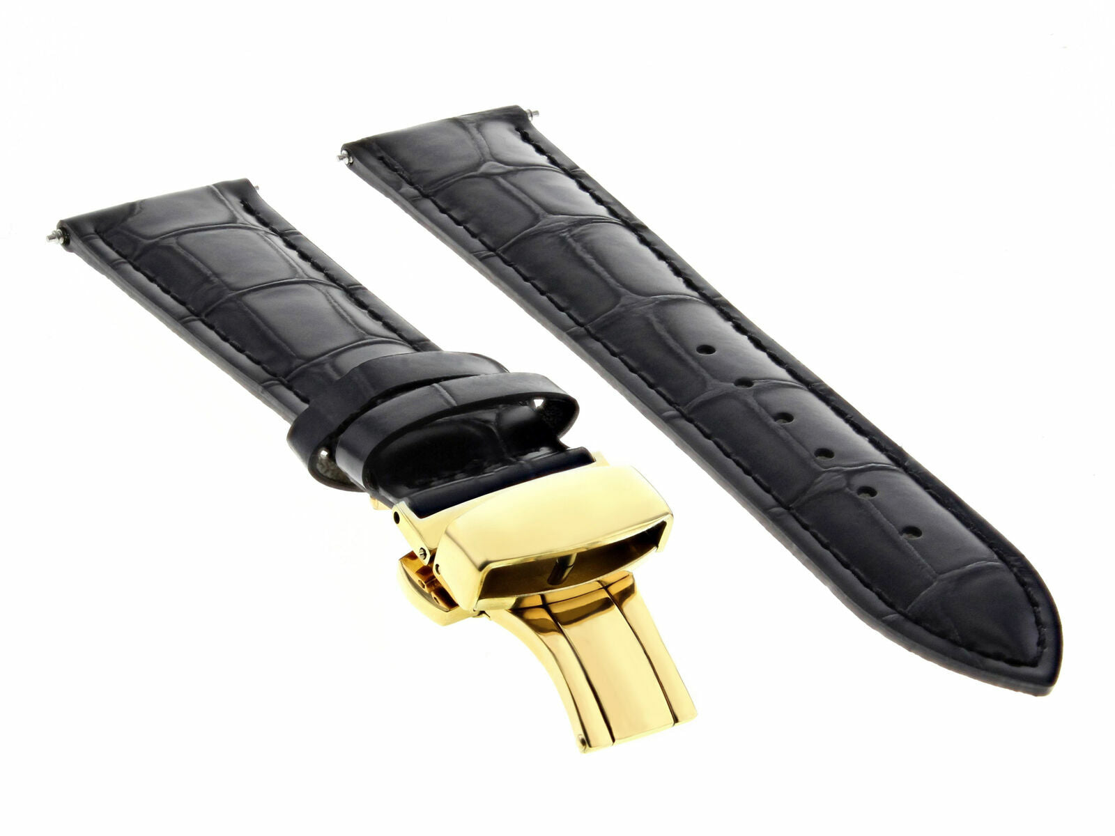 19MM LEATHER STRAP WATCH BAND FOR LONGINES WATCH DEPLOYMENT CLASP BLACK GOLD
