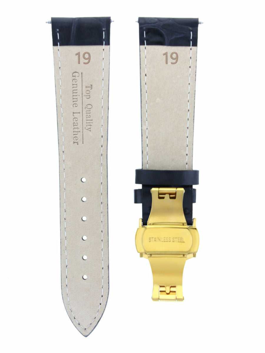 19MM LEATHER STRAP WATCH BAND FOR LONGINES WATCH DEPLOYMENT CLASP BLACK GOLD