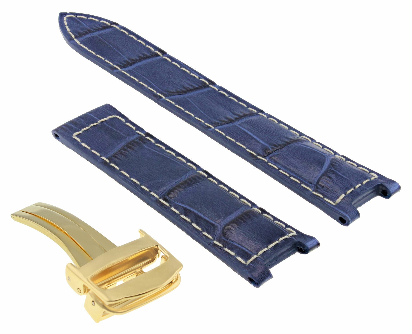 LEATHER WATCH STRAP BAND FIT CARTIER PASHA 20MM DEPLOYMENT CLASP BLUE WS GOLD