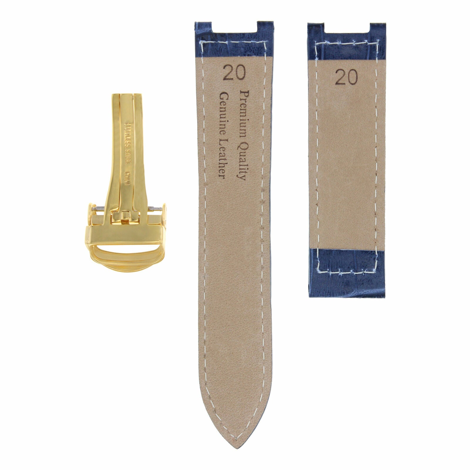 LEATHER WATCH STRAP BAND FIT CARTIER PASHA 20MM DEPLOYMENT CLASP BLUE WS GOLD