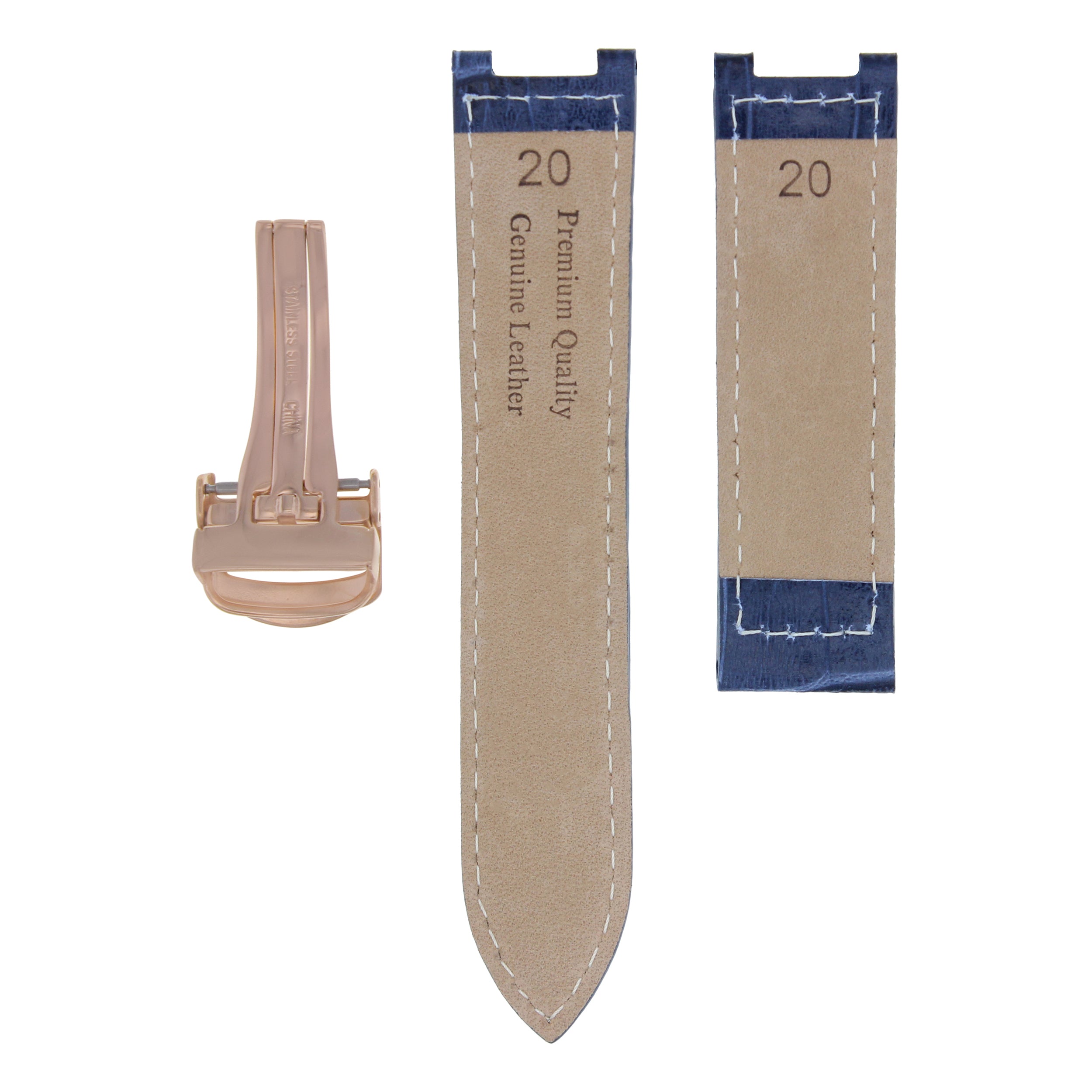 LEATHER BAND STRAP FOR PASHA DE CARTIER WATCH DEPLOY CLASP 20MM BLUE WS ROSE