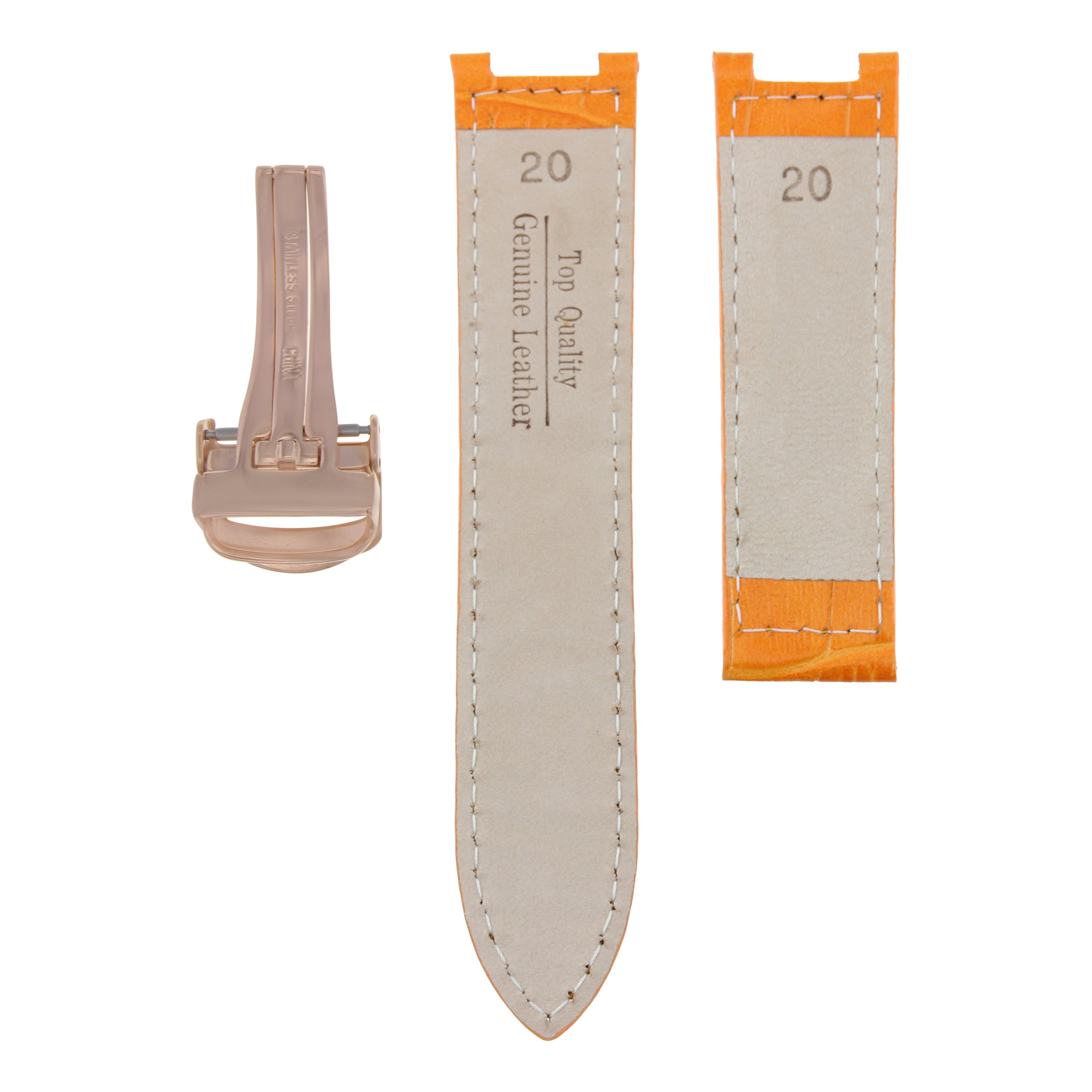 LEATHER WATCH BAND DEPLOYMENT CLASP FIT CARTIER PASHA 20MM ORANGE ROSE GOLD