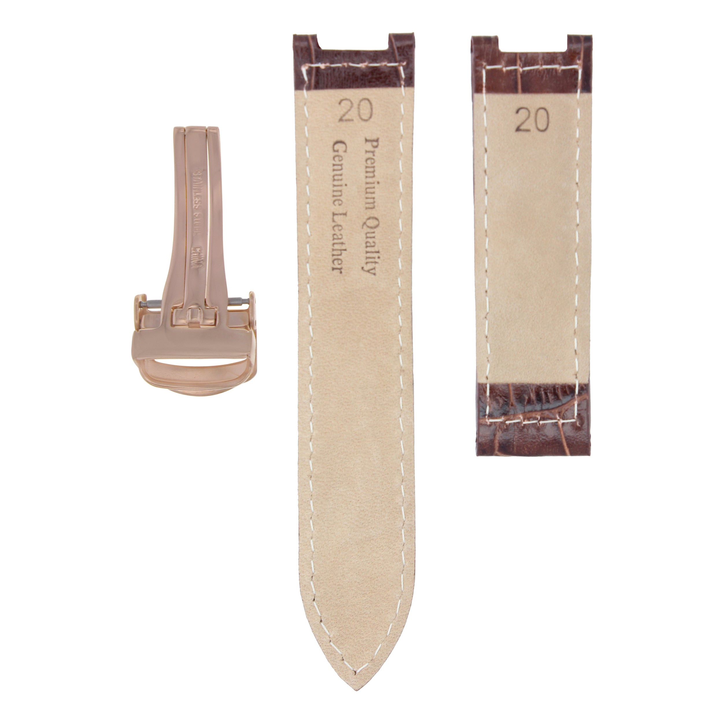 20MM LEATHER WATCH STRAP BAND FOR CARTIER PASHA WATCH BROWN CLASP ROSE GOLD
