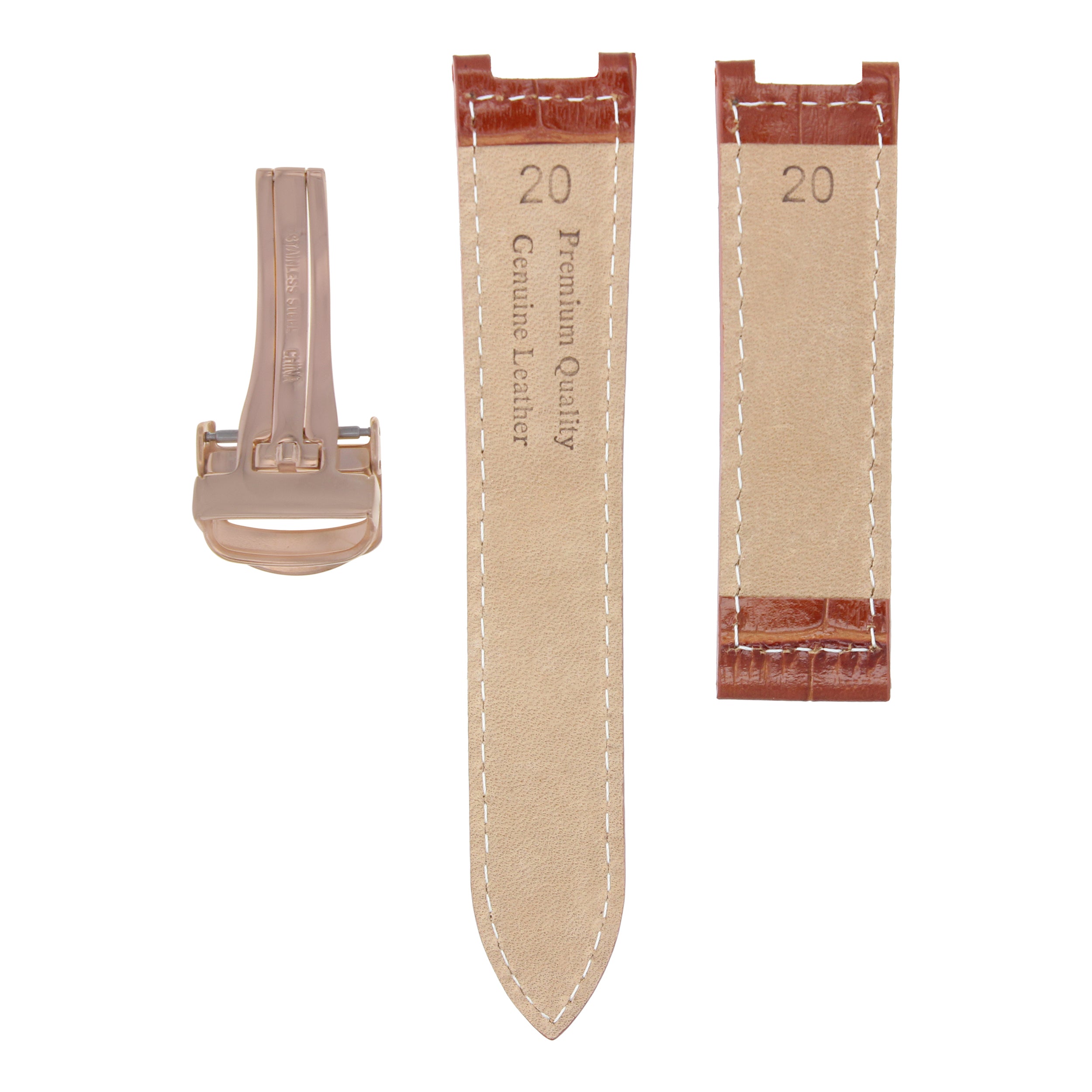 LEATHER WATCH BAND STRAP FOR 38MM PASHA DE CARTIER 20MM TAN + CLASP ROSE