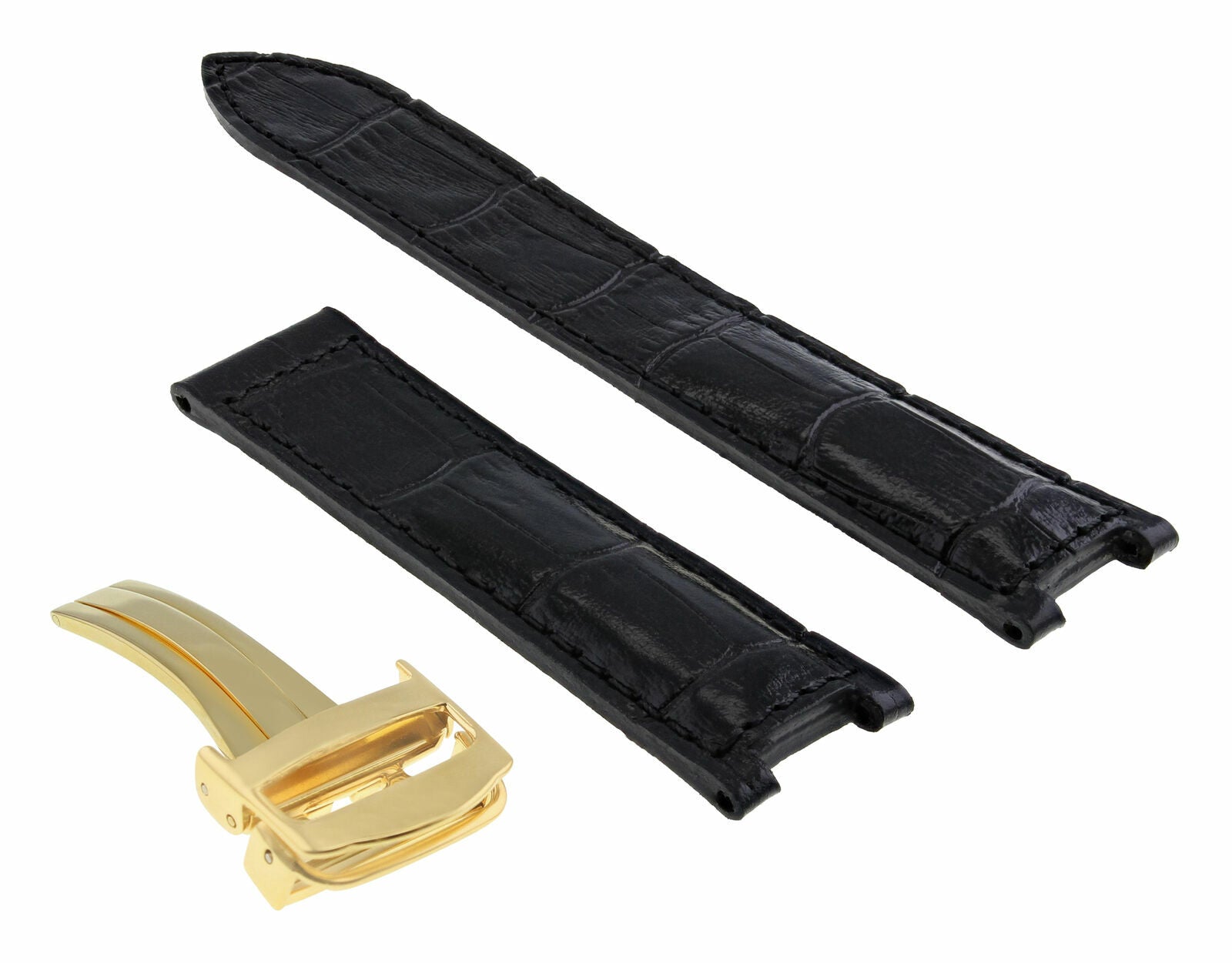LEATHER BAND STRAP DEPLOYMENT CLASP FOR FIT CARTIER PASHA 2475 18MM BLACK GOLD
