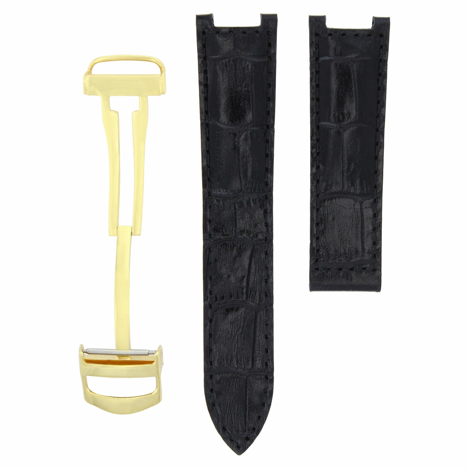 LEATHER BAND STRAP DEPLOYMENT CLASP FOR FIT CARTIER PASHA 2475 18MM BLACK GOLD
