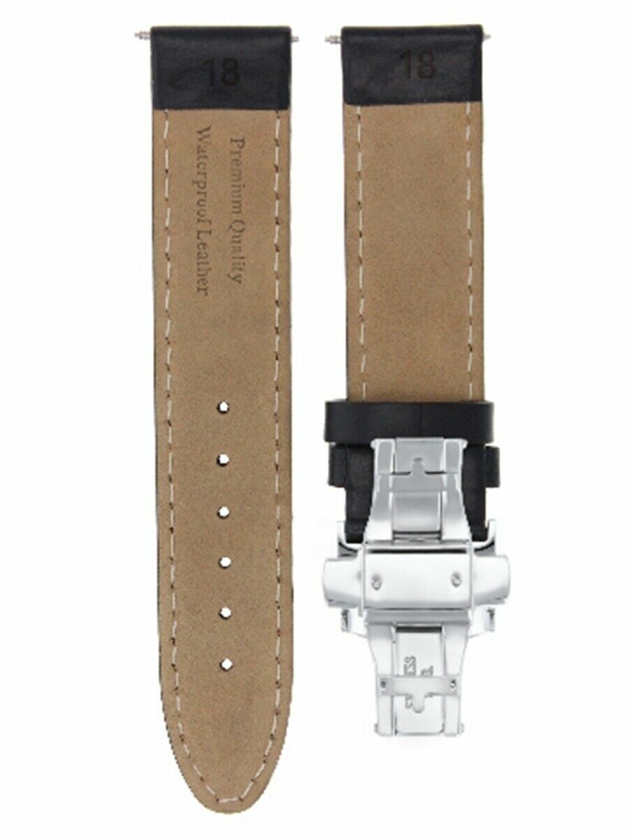 18MM SMOOTH LEATHER BAND STRAP DEPLOY BUCKLE CLASP FOR OMEGA SEAMASTER BLACK OS