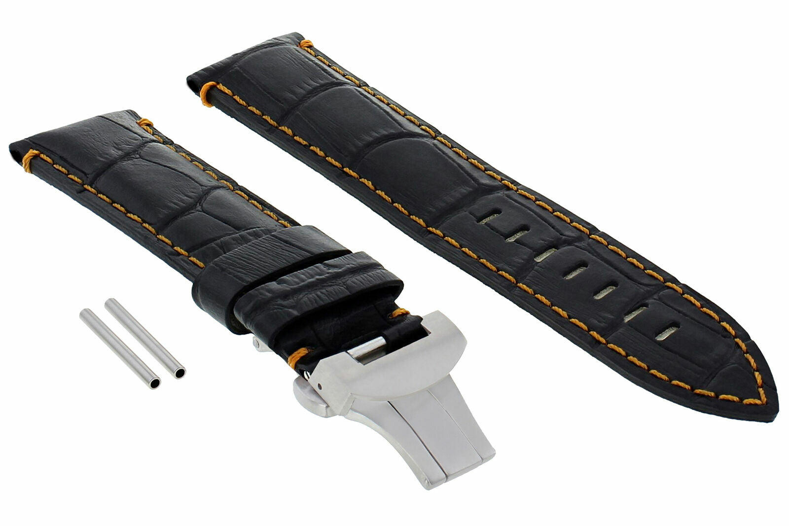 22MM LEATHER STRAP BAND DEPLOYMENT BUCKLE FOR PANERAI 111, 119, 244 BLACK ORANGE