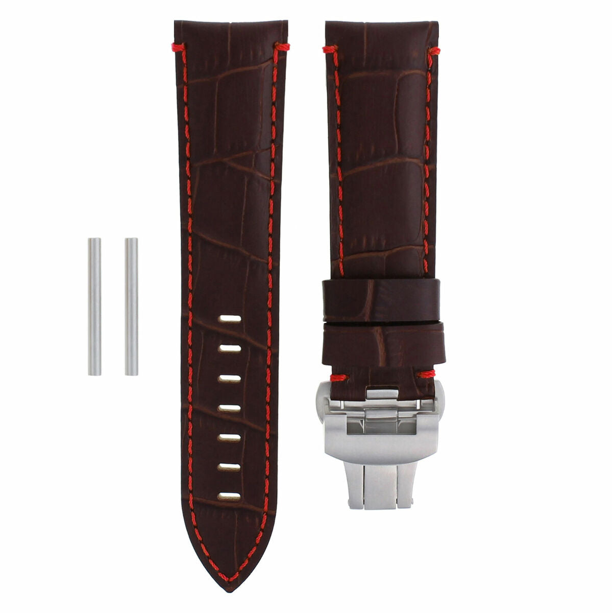 24MM COW LEATHER STRAP BAND DEPLOYMENT CLASP FOR 44MM PANERAI BROWN RED STITCH