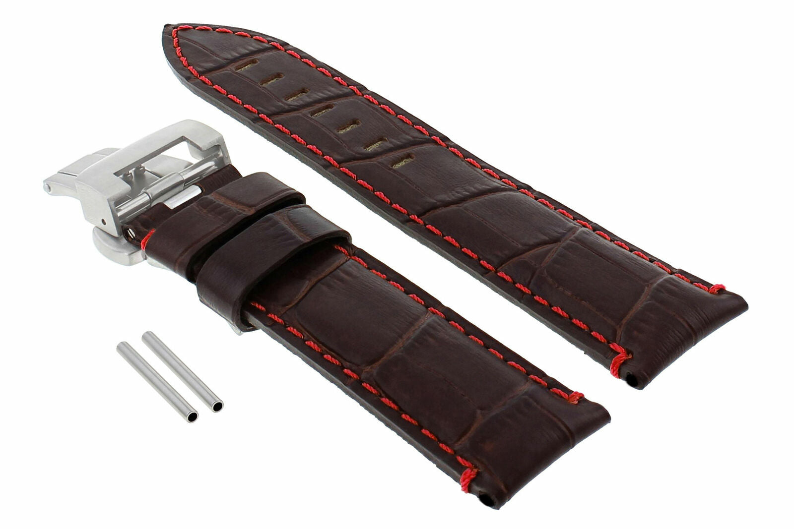 24MM COW LEATHER STRAP BAND DEPLOYMENT CLASP FOR 44MM PANERAI BROWN RED STITCH