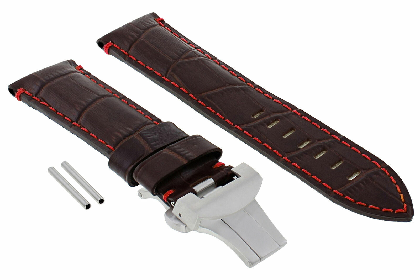 24MM COW LEATHER STRAP BAND DEPLOYMENT CLASP FOR 44MM PANERAI BROWN RED STITCH